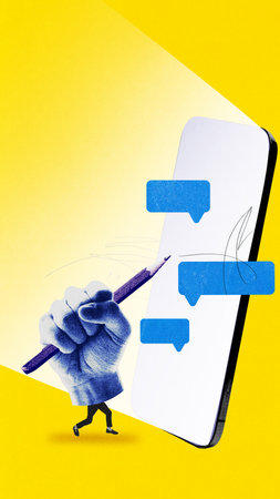 Digital dialogue. Giant hand holding pencil next to big abstract smartphone screen with text messages speech bubblesの写真素材