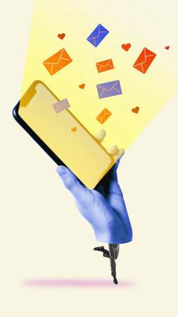 Instant messaging. Hand holding phone with glowing screen and flowing mails and hearts symbolizing notifications, connections and conversationの写真素材