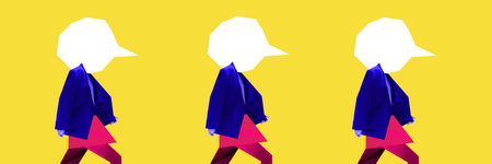 No identity. Repeated digital figures with speech bubbles for heads repeating against yellow backgroundの写真素材