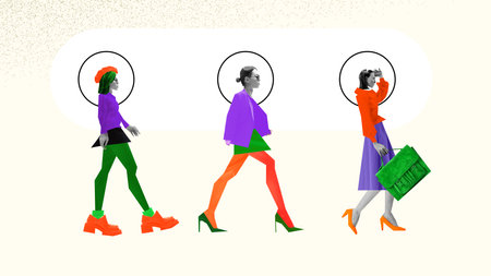 Two female models walk in sync, each framed by circles, representing profile pictures, highlighting identity, engagement, and digital communities.の写真素材