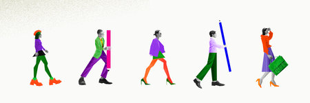Diverse group carries digital tools, illustrating dynamic process of collaboration in social media and teamworkの写真素材