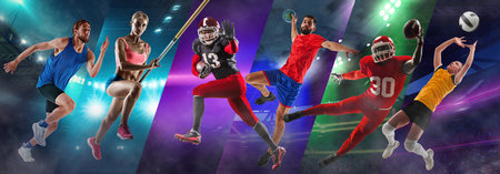 Extreme motion. Mix of pole vault, American football, handball, and volleyball athletes in motion, competing on stadiumsの写真素材