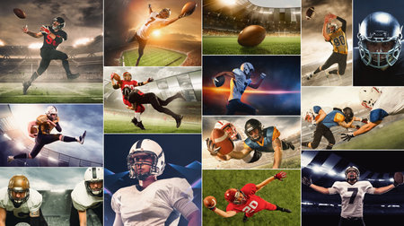 American football players in motion across stadiums, highlighting strength, strategy, and determinationの写真素材