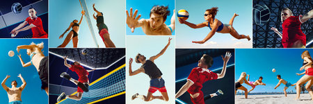 Volleyball intensity. Indoor and beach volleyball players mid-air playing with focus.の写真素材