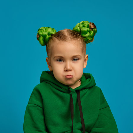Portrait of cute preschool girl in green hoodie and buns hairstyle making sad bored face, grimacing against blue studio backgroundの写真素材
