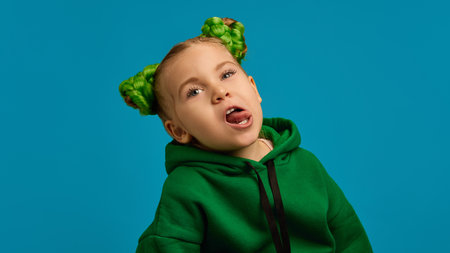 Portrait of preschool child, emotive girl in green hoodie and cute buns hairstyle, making faces, grimacing against blue studio background. Boredomの写真素材