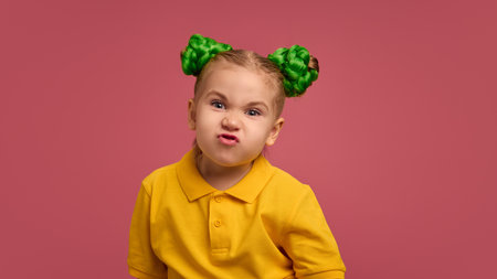 Portrait of preschool girl, child in yellow shirt making funny faces, grimacing against pink studio background.の写真素材