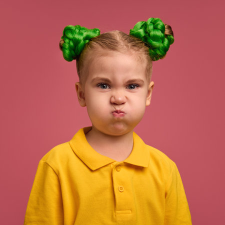 Portrait of preschool girl, child in yellow shirt making funny faces, grimacing against pink studio background.の写真素材