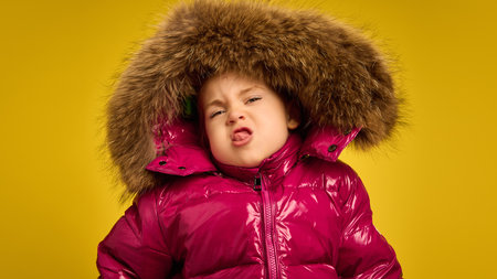 Portrait of five years old girl, emotional child in pink warm coat with large fur hood, emotionally making funny faces against yellow backgroundの写真素材
