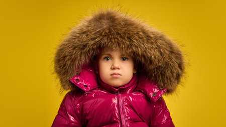 Portrait of five years old girl, emotional child in pink warm coat with large fur hood, emotionally making funny faces against yellow backgroundの写真素材