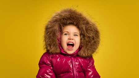 Portrait of five years old girl, emotional child in pink warm coat with large fur hood, emotionally shouting against yellow backgroundの写真素材