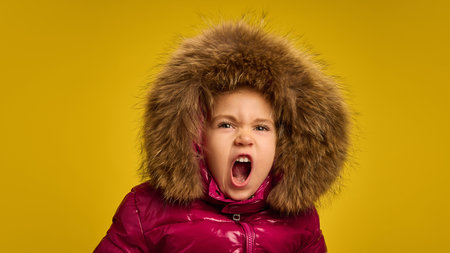 Portrait of five years old girl, emotional child in pink warm coat with large fur hood, shouting against yellow background.の写真素材
