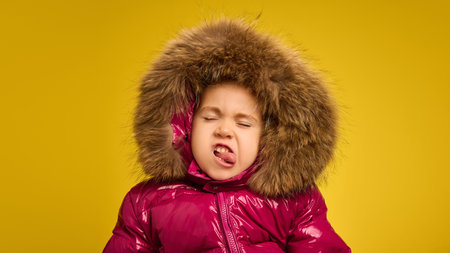 Portrait of five years old girl, emotional child in pink warm coat with large fur hood grimacing against yellow background. Funny faceの写真素材