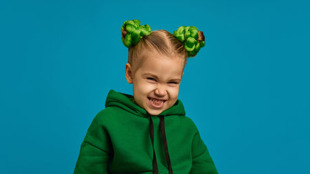 Portrait of preschool girl in green hoodie and braided buns hairstyle making faces, posing against blue studio backgroundの写真素材