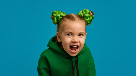 Portrait of pretty preschool girl in green hoodie and cute buns hairstyle expressing emotions of shock and excitement, shouting against blue studio backgroundの写真素材