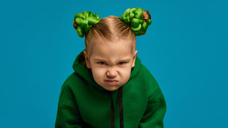 Child, girl with stern, focused look, in green hoodie, braided buns hairstyle, representing determination and resilience against blue studio backgroundの写真素材
