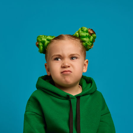 Portrait of 5 years old girl in green hoodie and cute buns hairstyle, making faces, grimacing against blue studio background. Annoyanceの写真素材