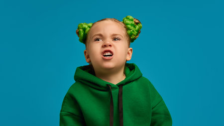 Portrait of emotive 5 years old girl in comfortable green hoodie making faces, grimacing against blue studio backgroundの写真素材