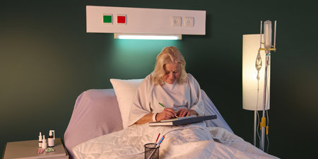 Elderly woman in hospital gown sitting in bed in her ward in the evening and drawing against green...