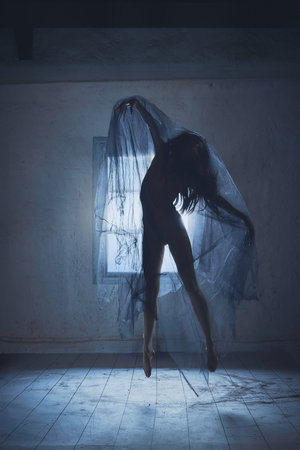 Loneliness, anger, supernatural pressure. Silhouette of woman with dark hair covered in transparent dark veil in empty terrifying room with single windowの写真素材