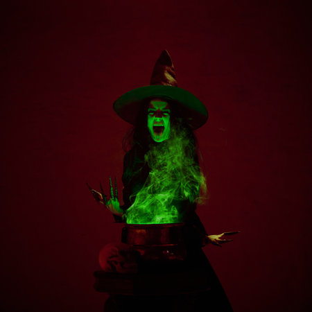 Shouting witch in black cloak and pointed hat making spell with bubbling cauldron and green mist rising around, in a dimly lit chamber.の写真素材