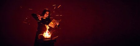 Terrifying witch, woman with dark hair, with making spells with burning fire and spell book against...