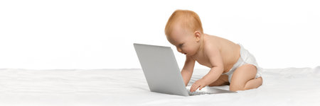 Adorable baby, girl in diaper sitting in bed and typing laptop against white studio background. Early development, educationの写真素材
