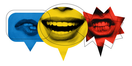 Three expressive mouths inside speech bubbles in bright colors illustrate different tones of digital...