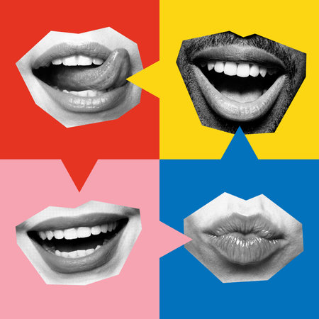 Various lips forming grid of speech bubbles illustrate diversity of voices, opinions, and conversations in digital mediaの写真素材