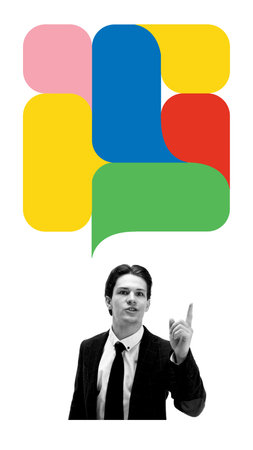Young man in formal attire speaking with finger raised, colorful speech bubbles above him representing dialogue, discussion, social media interactionの写真素材