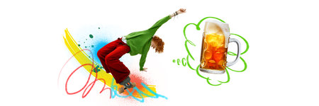 Skateboarder in green and red bends backward, arms high, dreaming of beer, against white background with colorful elements.の写真素材