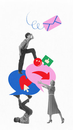 Group balancing oversized chat icons, speech bubbles and messages, illustrating teamwork in online communicationの写真素材