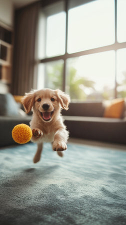 Cheerful moment between dog owner and their playful puppy in modern home setting. The owner tosses a toy, and the puppy eagerly jumps to catch it.の素材