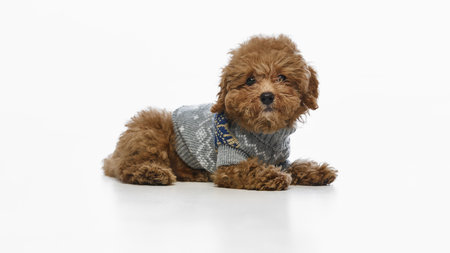 Beautiful Maltipoo puppy with brown curly fur wearing grey knitted sweater, lying and looking at...