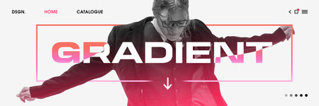Elegant man in black suit in dynamic pose, layered with gradient typography and interactive UI...