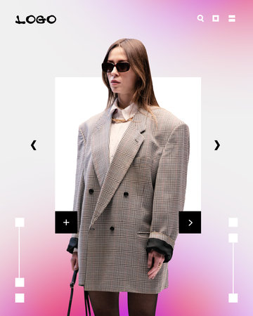 Interactive fashion store UI. Woman in oversized checkered blazer, sunglasses, set against clean background with pink gradient overlayの写真素材