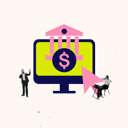 Financial institution icon. Businessman communicating and woman working on financial transactions through online platform. Conceptual design.の写真素材