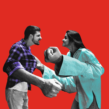 Woman with oversized fists confronts man, grabbing his shirt, both expressing anger against red...