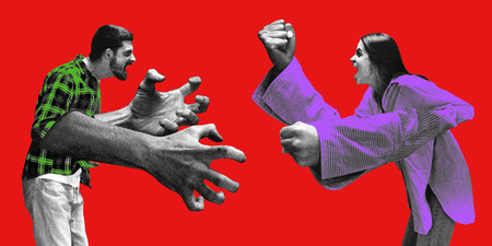 Man extending oversized hands aggressively while woman clenches fists in defensive stance, both shouting against red background.の写真素材