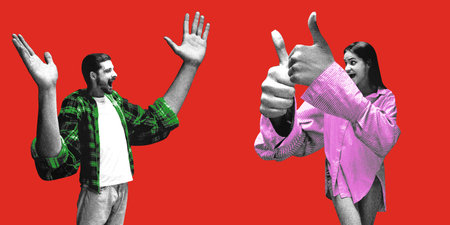 Man celebrating with raised hands while woman gives thumbs up, both expressing enthusiasm and mutual...