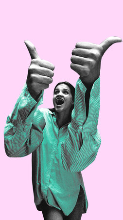 Woman giving double thumbs-up with oversized expression signifies excitement and strong positive...