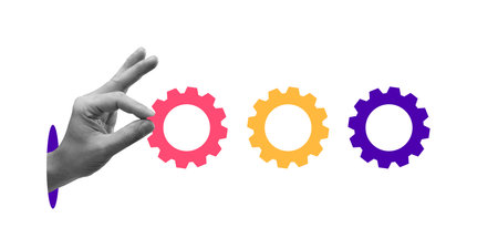Hand interacting with colorful gears in sequence, illustrating precision, organization, and optimization of business mechanisms. Conceptual design.の写真素材