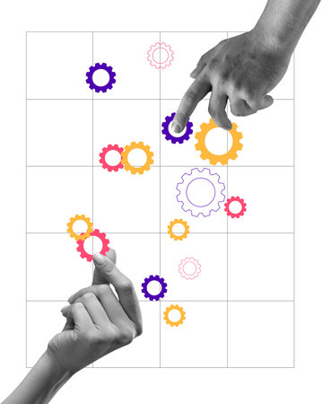 Two hands interacting with colorful gears on grid, reflecting business planning, resource management, and strategic development. Conceptual design.の写真素材