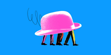 Pink oversized hat covering four people walking in sync, symbolizing collective vision and shared responsibility in teamwork.の写真素材