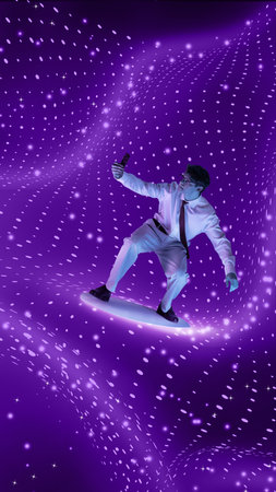 Man balancing on glowing purple mesh, reflecting hi-tech business agility, digital evolution,...