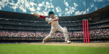 Focused batsman, cricket player on motion on filed, striking ball with precision with blurred stands of fans in backgroundの素材