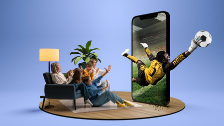 Virtual goalkeeper action. Group of friends watching in excitement as goalkeeper jumps out from 3D...