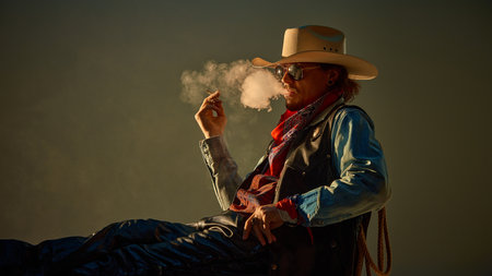 Man dressed as cowboy lounging in leather pants, denim jacket, smoking cigar, wearing sunglasses, exhaling smoke with confident attitude.の写真素材