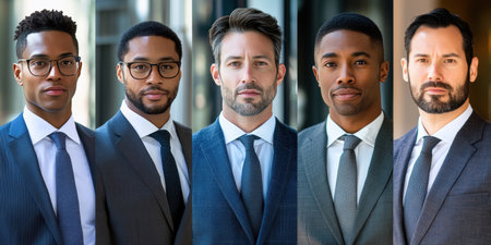 Collage of five portraits of business men of European, African-American and Asian descent. All are dressed in stylish business suitsの素材