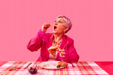 Elderly woman in pink suit eating croissant against pink studio background. Lively breakfast scene. Food pop art photography.の写真素材